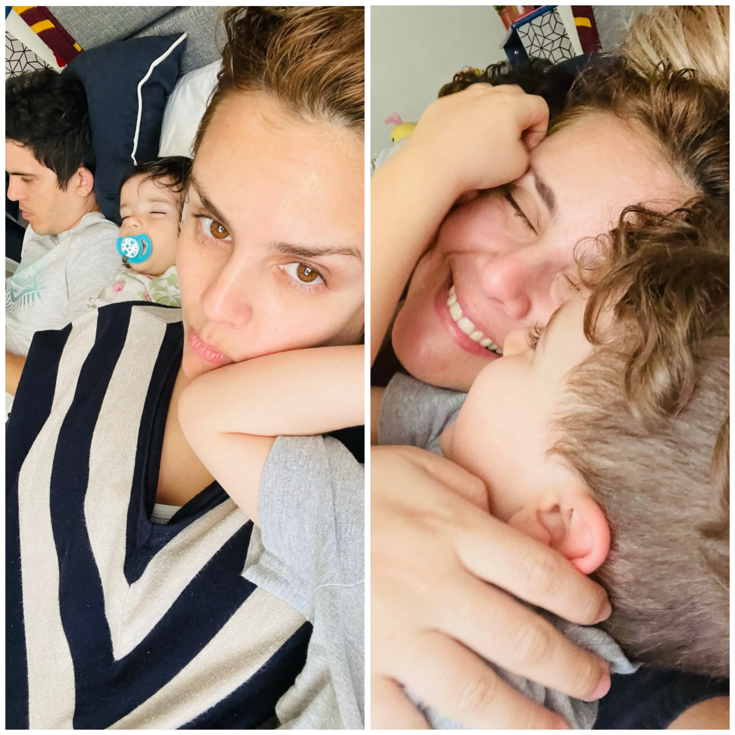 Contraste emocional - Mamá exhausta vs. Mamá feliz abrazando a sus hijos